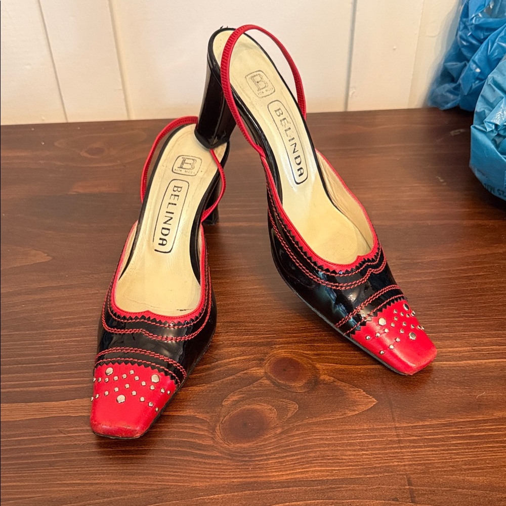 Y2K Red Black Studded Slingback Heels Square Toe Punk Vintage 37 - Picture 1 of 15